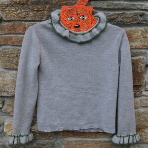Kalinka Kids Knit Merino Wool Grey With Green Trim Dora Turtleneck Sweater